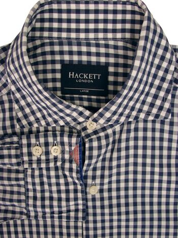 HACKETT Shirt Mens 16 L Blue & White Gingham Check SLIM FIT LIGHTWEIGHT