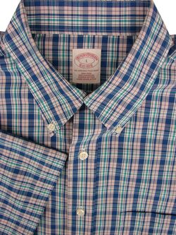 BROOKS BROTHERS Shirt Mens 17 L Multi-Coloured Check SHORT SLEEVE NEW