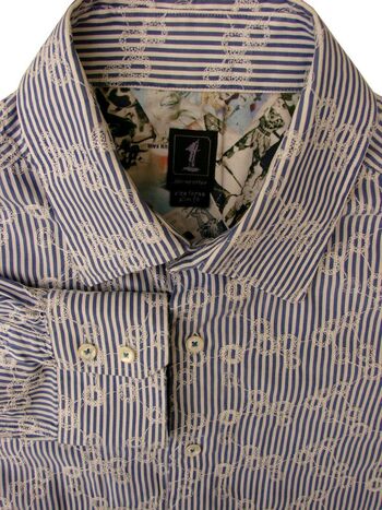1 LIKE NO OTHER Shirt Mens 16 M Blue Stripes & TEXTURED Joining Circles SLIM FIT