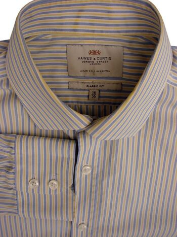 HAWES & CURTIS Shirt Mens 16 M Blue White & Yellow Stripes CLASSIC FIT