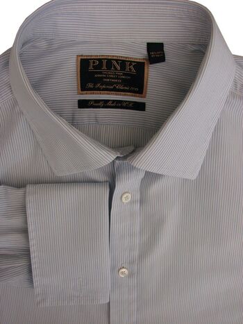 THOMAS PINK THE IMPERIAL Shirt Mens 18 XL White Blue Black Stripes CLASSIC 200S