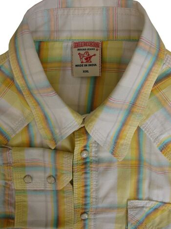 TRUE RELIGION Shirt Mens 17.5 XL Yellow - Multi-Coloured Check POPPERS