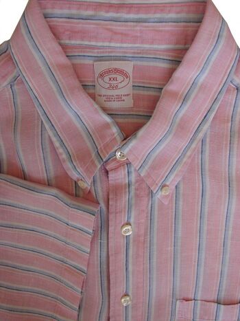 BROOKS BROTHERS 346 Shirt Mens 18 XXL Pink Blue White Stripes LINEN SHORT SLEEVE