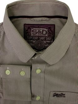 SUPERDRY Shirt Mens 17 L Grey & White Narrow Stripes