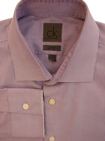 CALVIN KLEIN Shirt Mens 15.5 M Lilac - White Stripes Purple SLIM FIT NON IRON