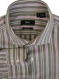 HUGO BOSS GERALD Shirt Mens 16 M Brown - Pink White & Brown Stripes REGULAR FIT