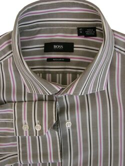 HUGO BOSS GERALD Shirt Mens 16 M Brown - Pink White & Brown Stripes REGULAR FIT