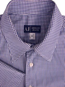 ARMANI JEANS Shirt Mens 16 M Blue & White Gingham Check SHORT SLEEVE