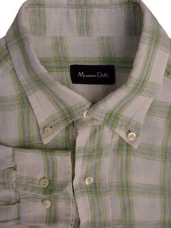 MASSIMO DUTTI Shirt Mens 16 M White - Green & Blue Stripes LINEN