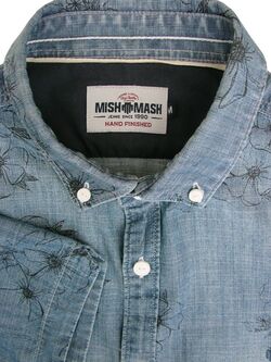 MISH MASH JEANS Shirt Mens 16 M Blue Denim - Flowers HAND FINISHED SHORT SLEEVE