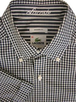 LACOSTE Shirt Mens 15.5 M Dark Blue Gingham Check MODERN FIT SHORT SLEEVE