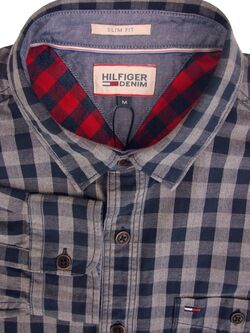 HILFIGER DENIM Shirt Mens 16.5 M Dark Blue & Grey Check SLIM FIT NEW BNWT