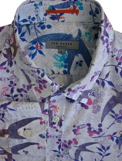 TED BAKER Shirt Mens 16 M White - Pink & Purple Birds & Berries