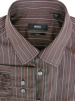 HUGO BOSS Shirt Mens 15.5 M Brown - Stripes SLIM FIT NEW