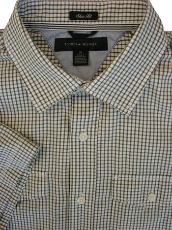 TOMMY HILFIGER Shirt Mens 16 M Dark Green Check SLIM FIT SHORT SLEEVE NEW