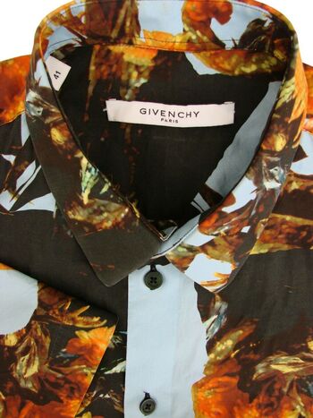 GIVENCHY Shirt Mens 16 M Orange Blue Floral Printed SLIM FIT SHORT SLEEVE NEW