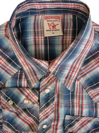 TRUE RELIGION Shirt Mens 16 M Blue Red & White Check POPPERS LIGHTWEIGHT