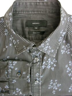 DIESEL Shirt Mens 15.5 M Black & Grey Stripes - Blue Flowers SLIM FIT STRETCHY