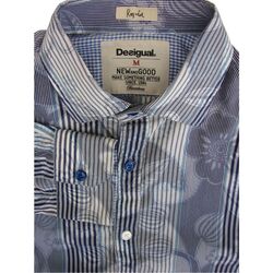 DESIGUAL Shirt Mens 15.5 M Blue & White Flowers REGULAR FIT