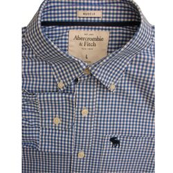 ABERCROMBIE & FITCH Shirt Mens 17 L Blue & White Gingham Check MUSCLE NEW