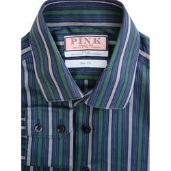 THOMAS PINK Shirt Mens 15 S Dark Blue – Green & White Stripes SLIM FIT