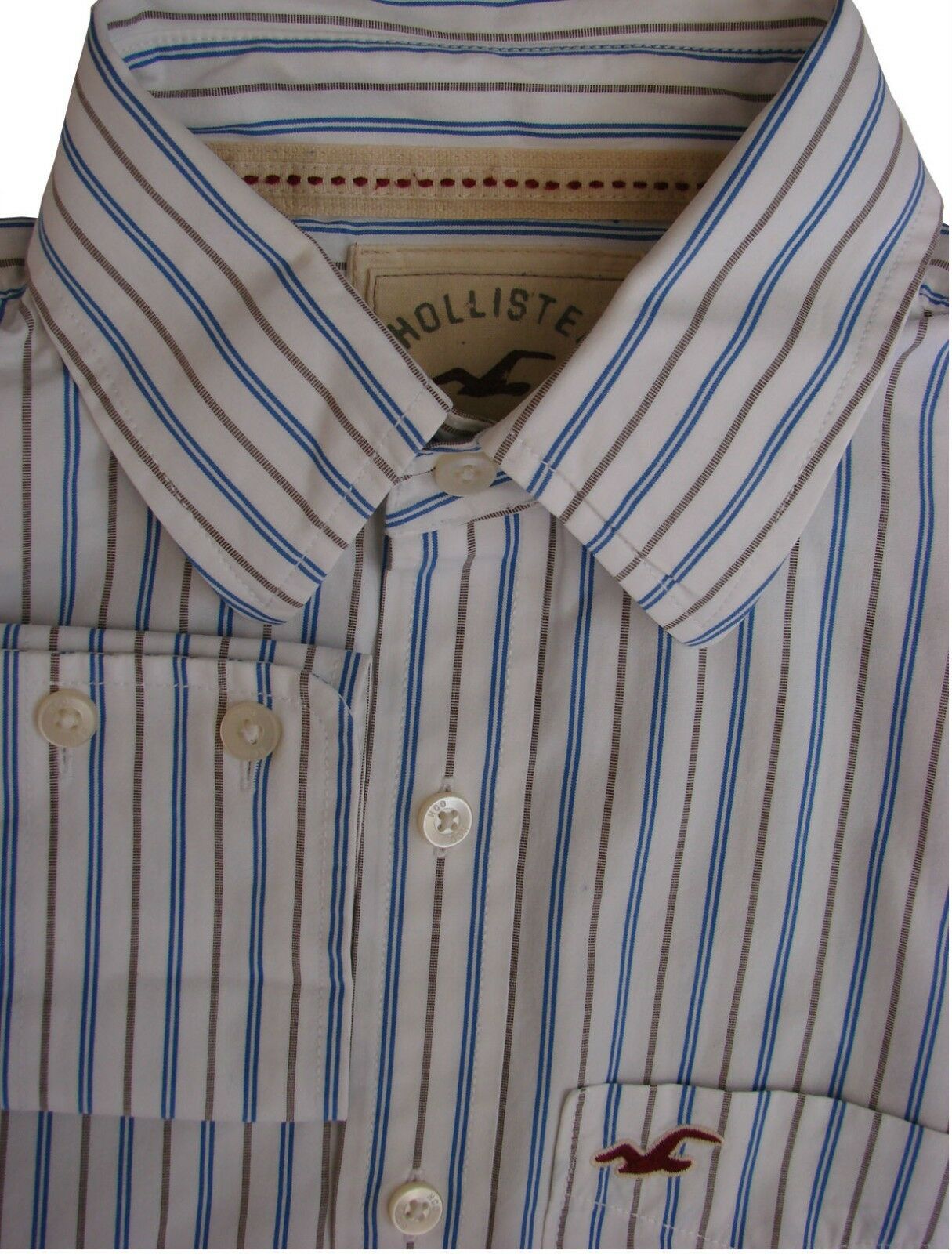 HOLLISTER Shirt Mens 15 XS White – Blue & Brown Stripes - Brandinity