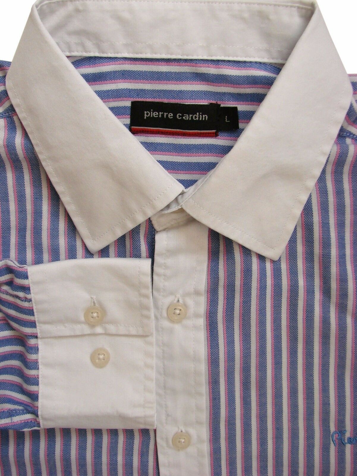 PIERRE CARDIN Shirt Mens 16.5 L Blue - Pink & White Stripes - Brandinity