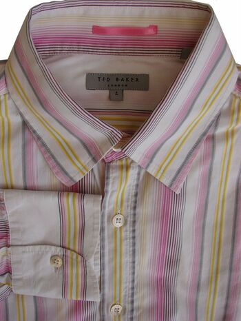 TED BAKER Shirt Mens 15.5 M White - Pink Yellow & Grey Stripes - Brandinity